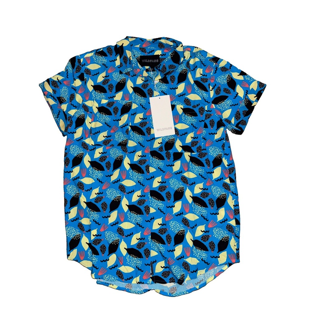 WildFang The Empower Short Sleeve Button Up Shirt Blue Tropical S NWT NEW